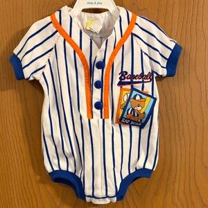 Vintage Infant Baseball Themed Bat Bear Pinstriped Bubble Romper 12M